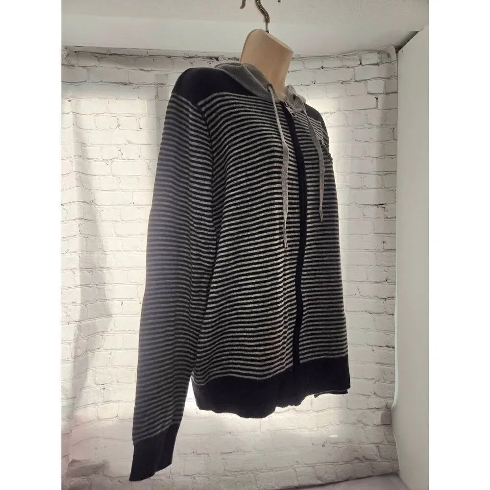 Ed Hardy Unisex Size Large Grey/Black Stripe Wool Blend Full Zip Hooded Sweater
